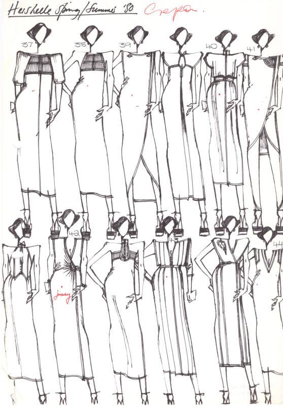 Multidrawing of Crepe Dresses for the Spring/Summer 1980 Collection for Hershelle