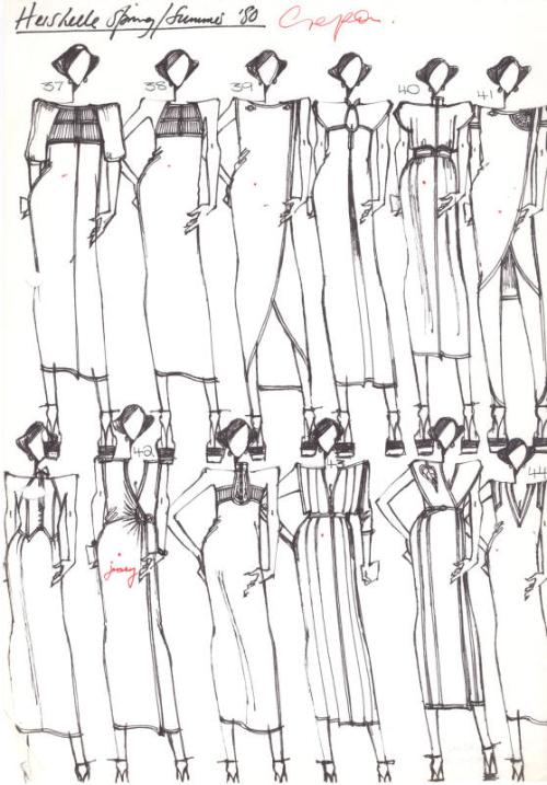 Multidrawing of Crepe Dresses for the Spring/Summer 1980 Collection for Hershelle