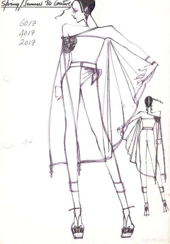 Drawing of Slim Calf-Length Trousers with Strapless Top and Transparent Cape