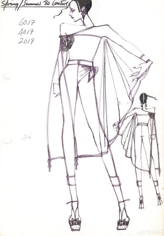 Drawing of Slim Calf-Length Trousers with Strapless Top and Transparent Cape