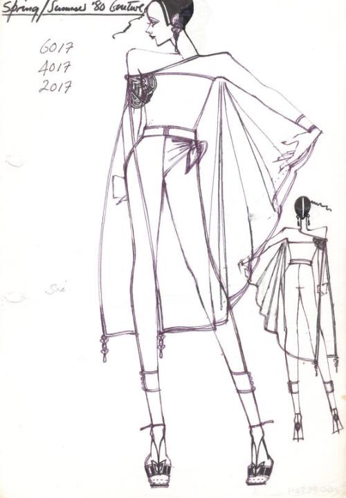 Drawing of Slim Calf-Length Trousers with Strapless Top and Transparent Cape