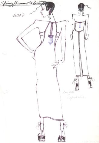 Drawing of Straight Halter Neck Dress with Split Up Back