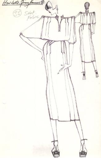 Drawing of 3/4 Length Dress with Belted Waist and Stand-Up Collar