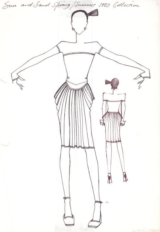 Drawing of Off the Shoulder Knee-Length Dress with Detached Pull-On Sleeves