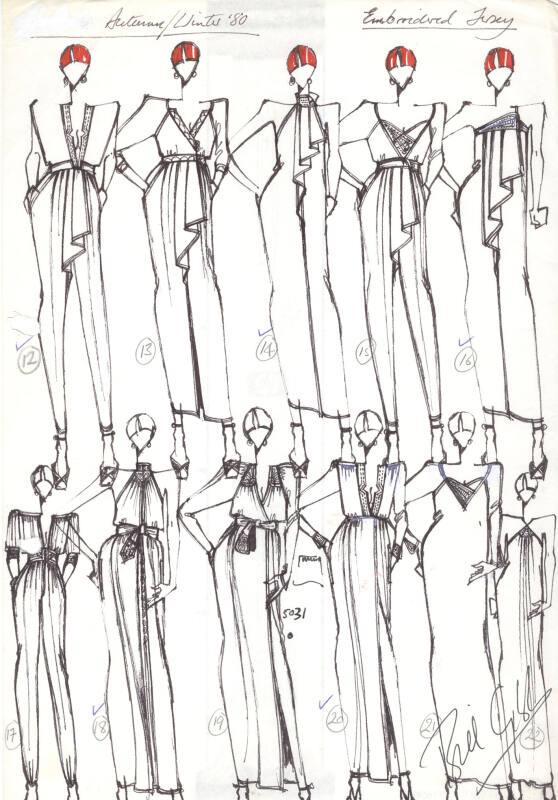 Multidrawing of Tops, Trousers and Dresses for Autumn/Winter 1980 Embroidered Jersey Collection