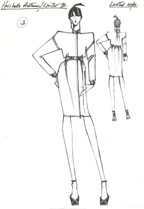 Drawing of Knee-Length Dress with High-Collar and Belted Waist for Hershelle