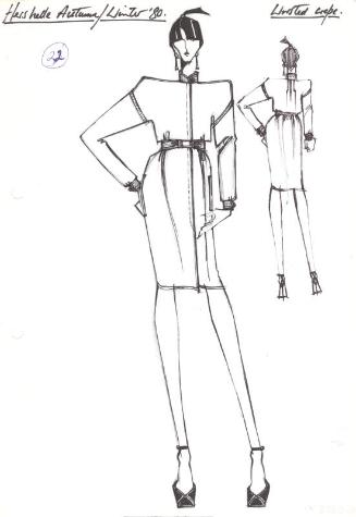 Drawing of Knee-Length Dress with High-Collar and Belted Waist for Hershelle