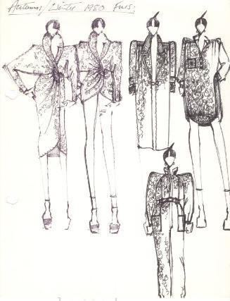 Drawing of Fur Coats, Blouse and Jumpsuit for Autumn/Winter 1980 Collection