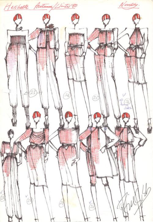 Multidrawing of Dresses and Trouser Suits for the Autumn/Winter 1980 Novelty Collection for Her…