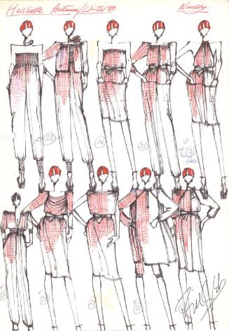 Multidrawing of Dresses and Trouser Suits for the Autumn/Winter 1980 Novelty Collection for Her…