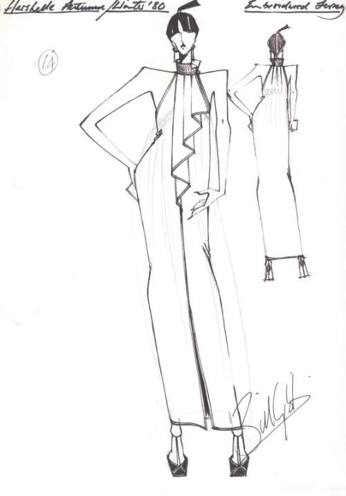 Drawing of Dress for Autumn/Winter 1980 Embroidered Jersey Collection for Hershelle