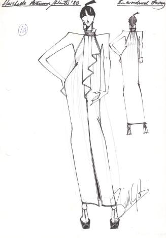 Drawing of Dress for Autumn/Winter 1980 Embroidered Jersey Collection for Hershelle