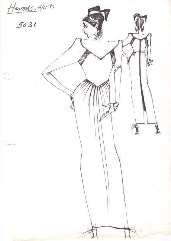 Drawing of Dress for Autumn/Winter 1980 Collection for Harrods