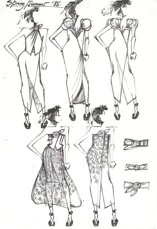 Multidrawing of Dresses for the Spring/Summer 1986 Rose Collection