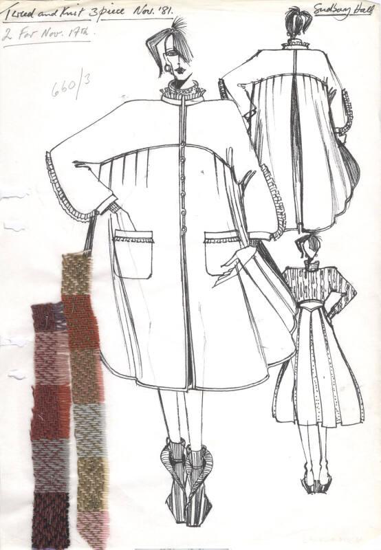 Drawing of Coat for Sudbury Hall Commission with Fabric Swatch