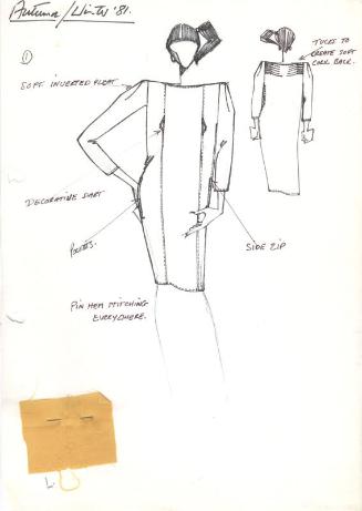 Drawing of Dress for Autumn/Winter 1981 Collection with Fabric Swatch