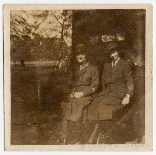 World War 1 photograph showing WVR 2 wvr members in hyde park on the grid of shaw's van - Mildred Robertson Nicoll to left