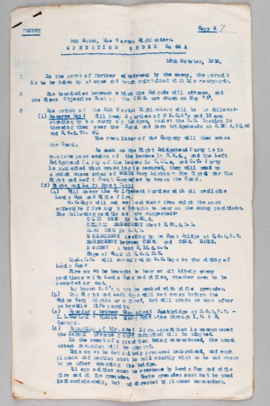 World War One Gordon Highlanders Operation Orders 44A