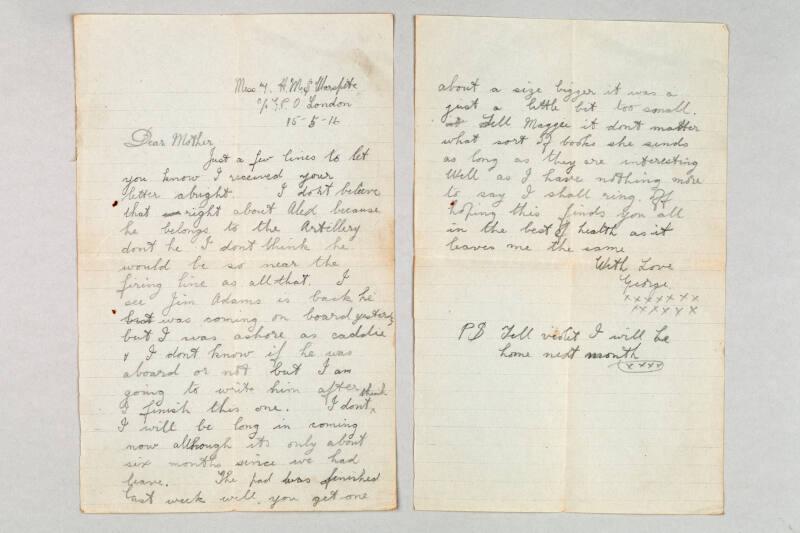 letter from George Rennie on HMS Warspite 15th May 1916