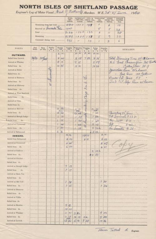 Engineer's log book from the Earl of Zetland