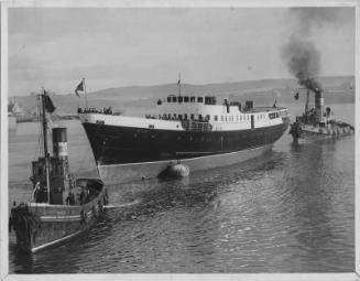 Black and white photograph showing St Ola leaving Stromness for the last time