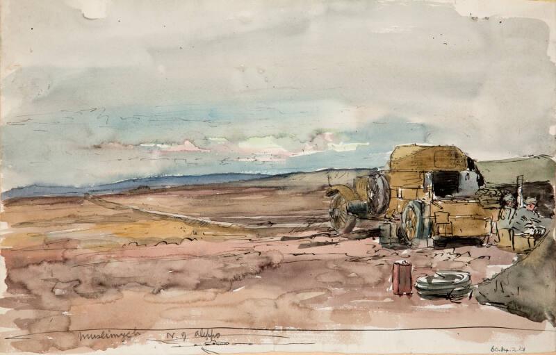 Muslimye, North of  Aleppo - Landscape with Vehicle and Bivouac by James McBey