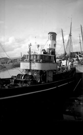 film negative showing an unidentified trawler under construction, Aberdeen Harbour