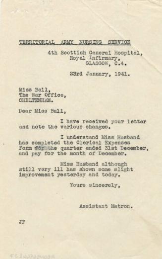 Letter with Reference to Matron Marget Husband's Illness