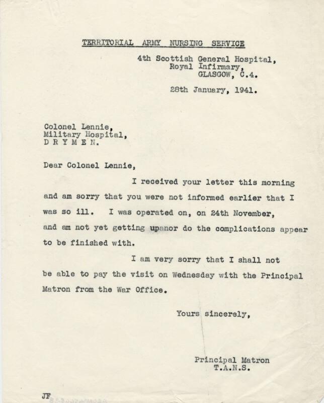 Letter with Reference to Matron Marget Husband's Illness