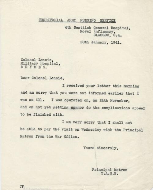 Letter with Reference to Matron Marget Husband's Illness