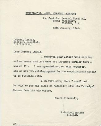 Letter with Reference to Matron Marget Husband's Illness