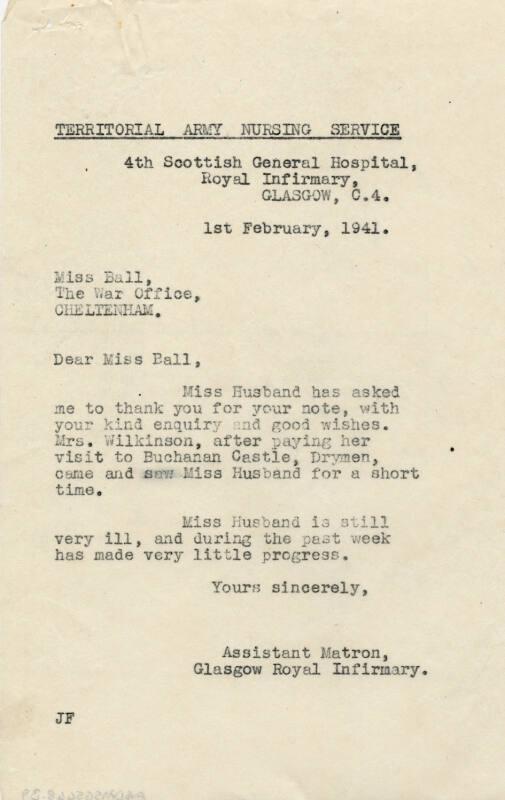 Letter with Reference to Matron Marget Husband's Illness