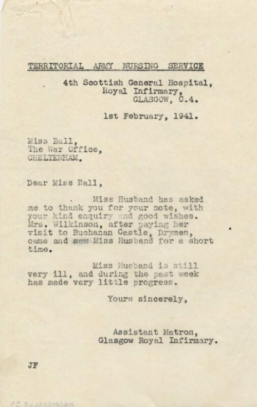 Letter with Reference to Matron Marget Husband's Illness