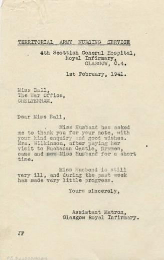 Letter with Reference to Matron Marget Husband's Illness