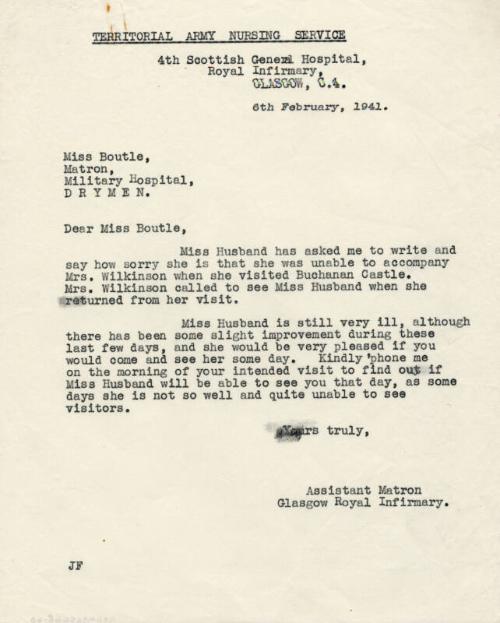 Letter with Reference to Matron Marget Husband's Illness