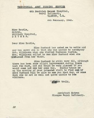 Letter with Reference to Matron Marget Husband's Illness