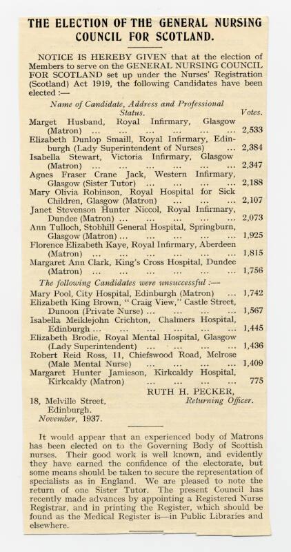 Matron Marget Husband Elected to General Nursing  Council for Scotland