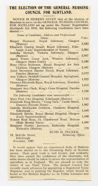 Matron Marget Husband Elected to General Nursing  Council for Scotland