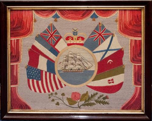 Embroidered Portrait of Royal Navy Ship surrounded by flags
