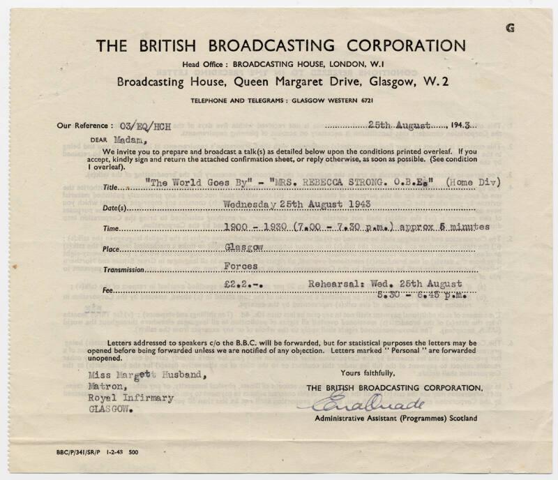 To Matron Marget Husband from BBC Inviting Her to Give a Radio Talk on Rebecca Strong