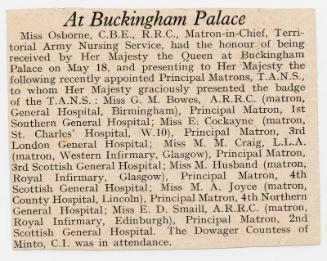 Presentation of Territorial Army Nursing Service Medal to Marget Husband and Others