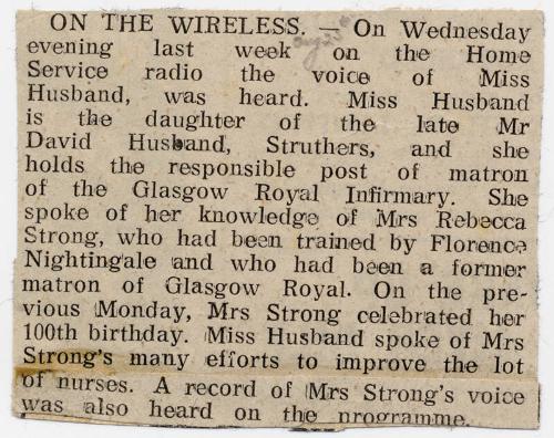 On Radio Broadcast by Matron Marget Husband