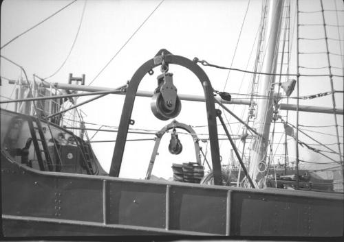 film negative showing a close up view of the gallows frame of an unidentified trawler