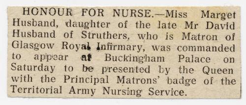 Presentation of Territorial Army Nursing Service Medal to Marget Husband and Others