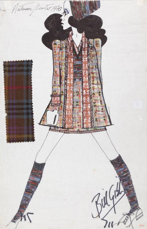 Drawing of Jacket and Skirt Outfit with Fabric Swatch for the Autumn/Winter 1970 Collection