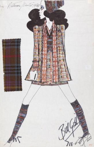 Drawing of Jacket and Skirt Outfit with Fabric Swatch for the Autumn/Winter 1970 Collection