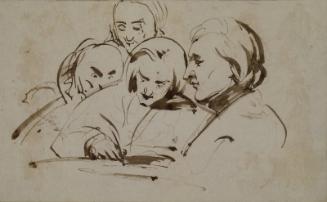 A Man Writing in a Book with Three Onlookers