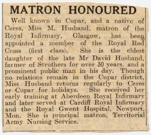 Royal Red Cross Medal is Awarded to Matron Marget Husband