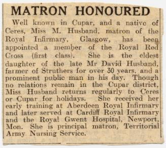 Royal Red Cross Medal is Awarded to Matron Marget Husband