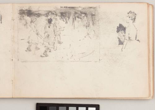 recto: Children Walking down a Lane and Woman with a Fan, verso: three landscape sketches, two with children - Leaf from Artist's Sketchbook